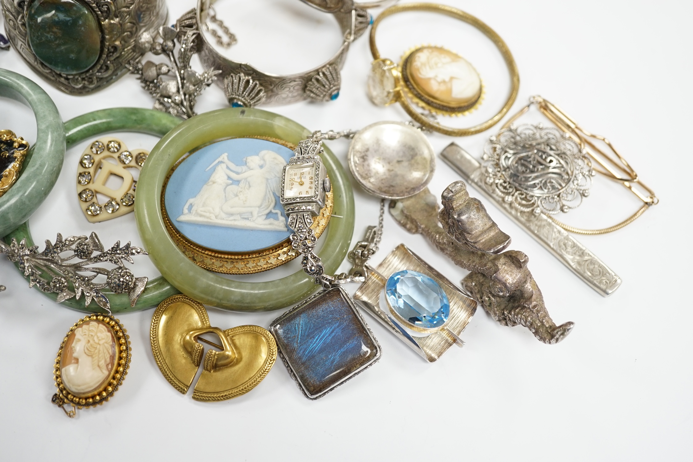 A collection of white metal and mixed costume jewellery, including bracelets, necklaces, bangles etc and a silver cased pair of scissors.